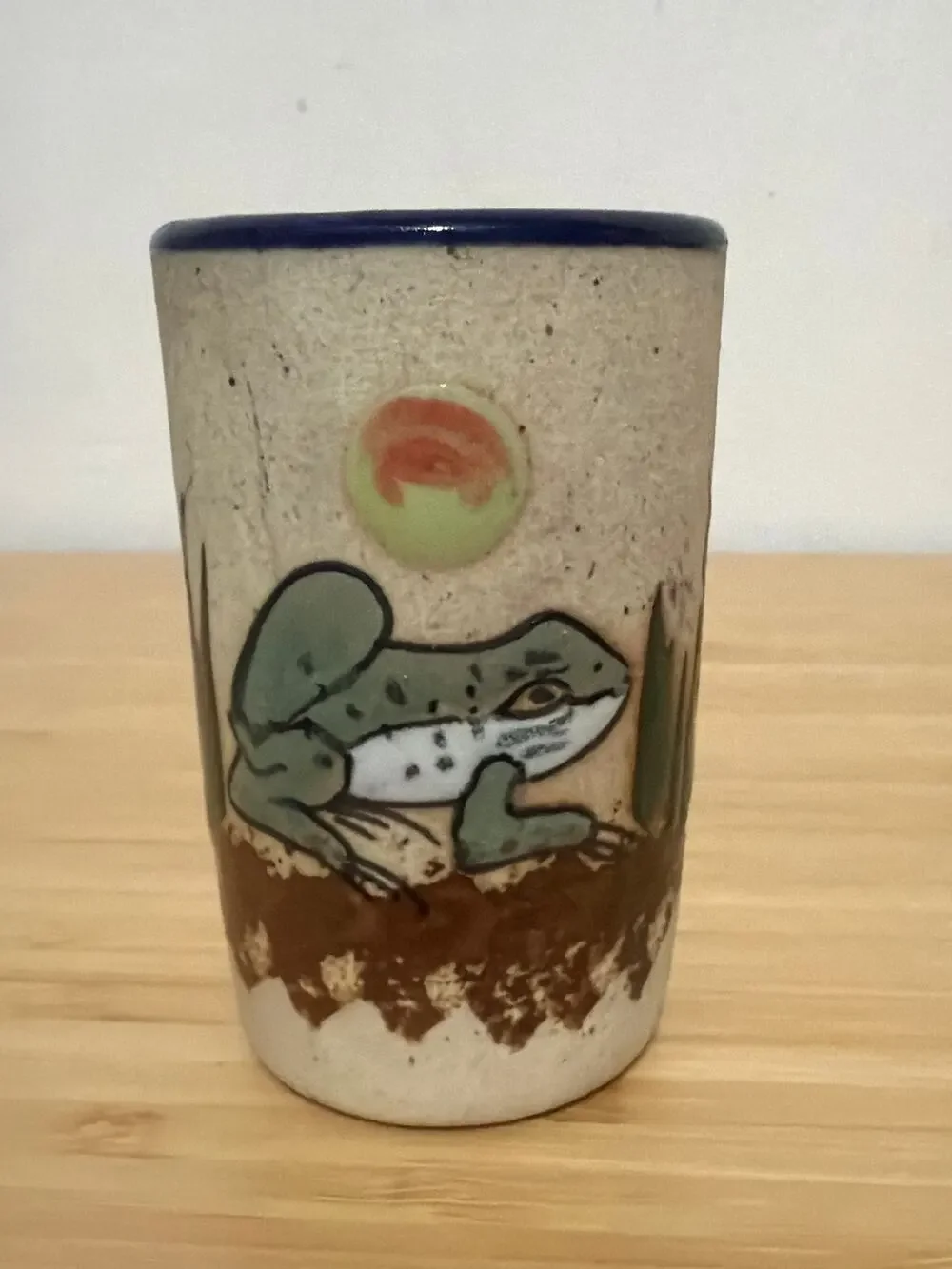 Vintage Mexico Pottery Frog Cup Hand Painted Cattails Folk Art 3”